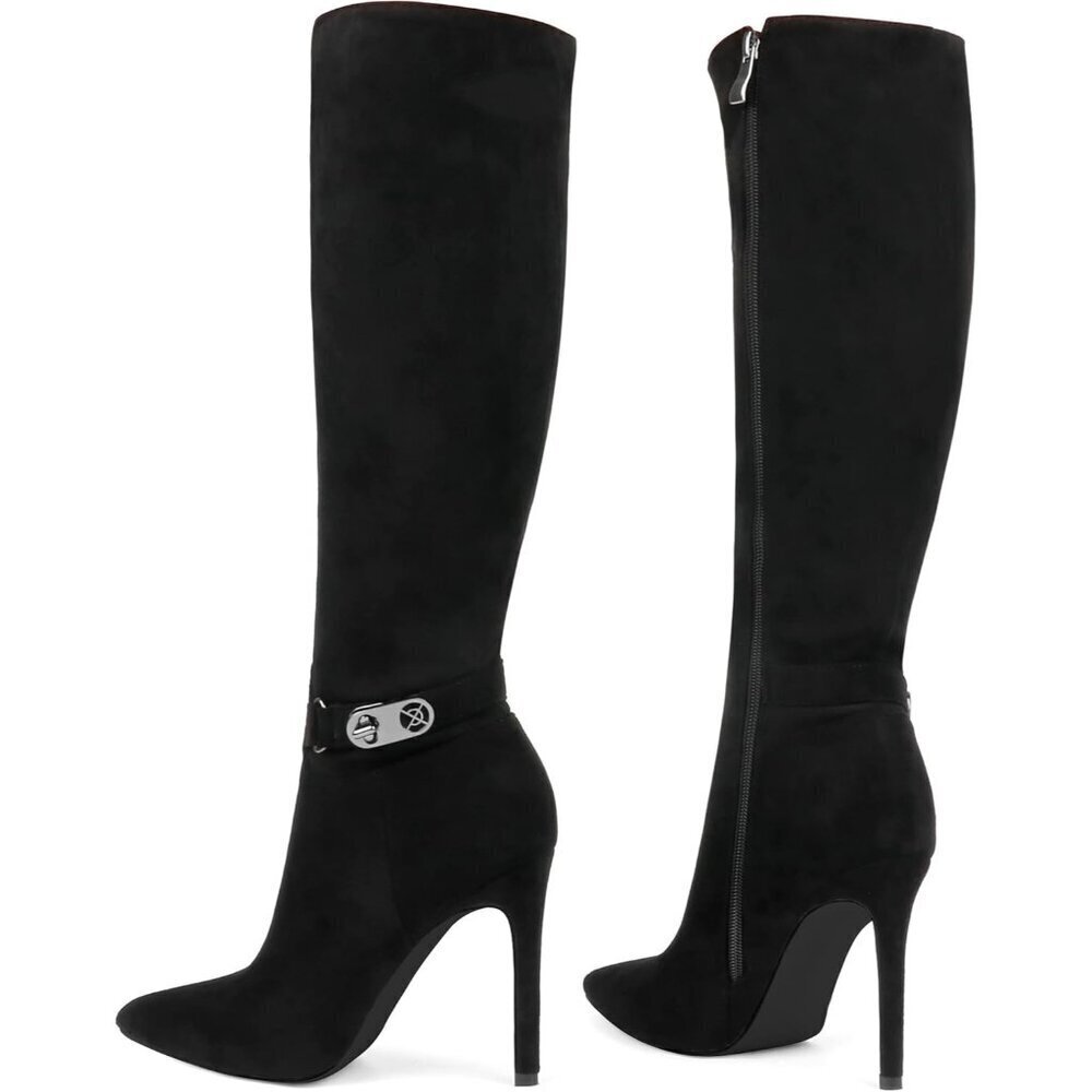Women's Black Suede Stiletto Slouch Knee High Dress Boots Pointed Toe Buckle